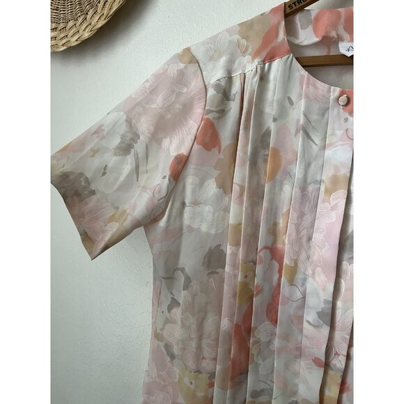 80s pastel floral pleat front short sleeve button blouse polyester L - Picture 6 of 6
